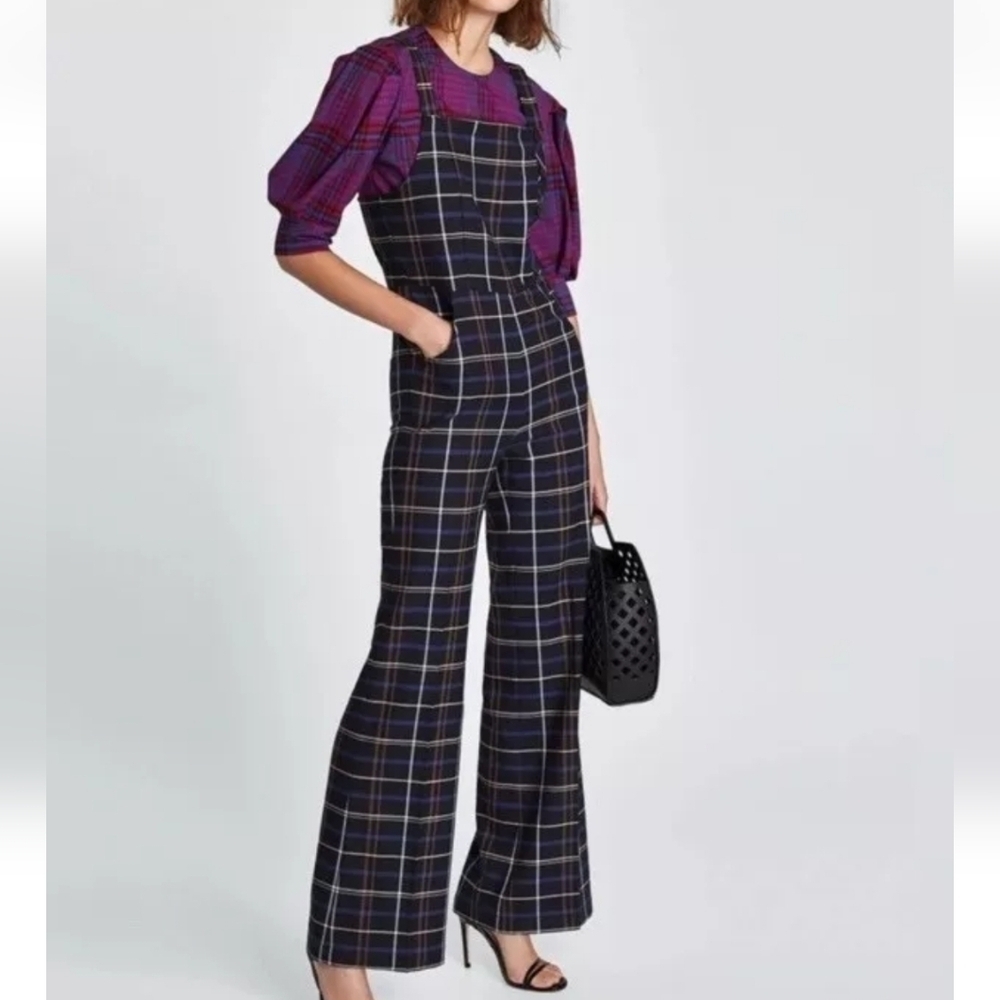 Zara Jumpsuit Plaid Wide Leg Pants Sleeveless Blue Black Size XS